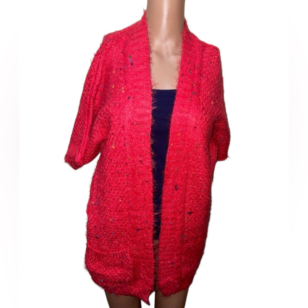 BCBGMAXAZRIA CARDIGAN CHUNKY CONFETTI KNIT SWEATER OPEN FRONT RED COLOR SIZE L - Picture 4 of 16